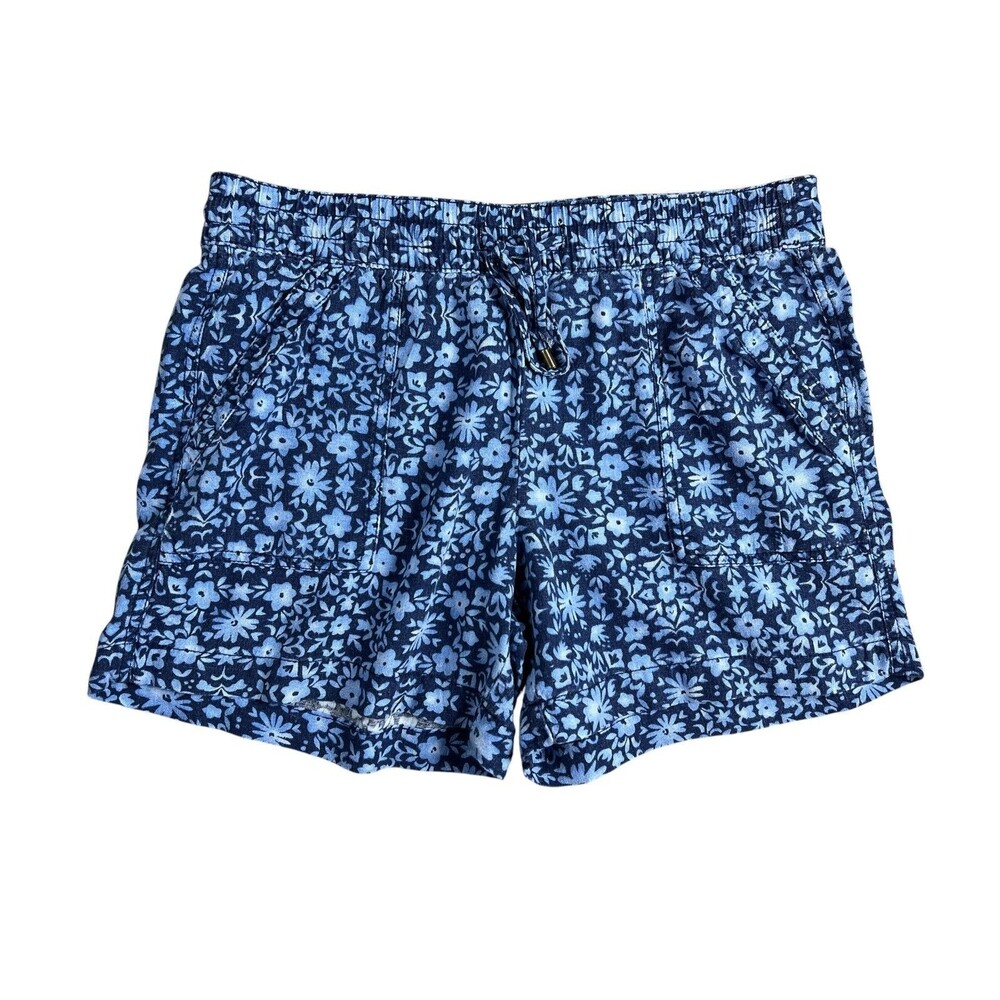 St Johns Bay Women's Blue Floral Elastic Waist Linen Blend Casual Shorts  Size M